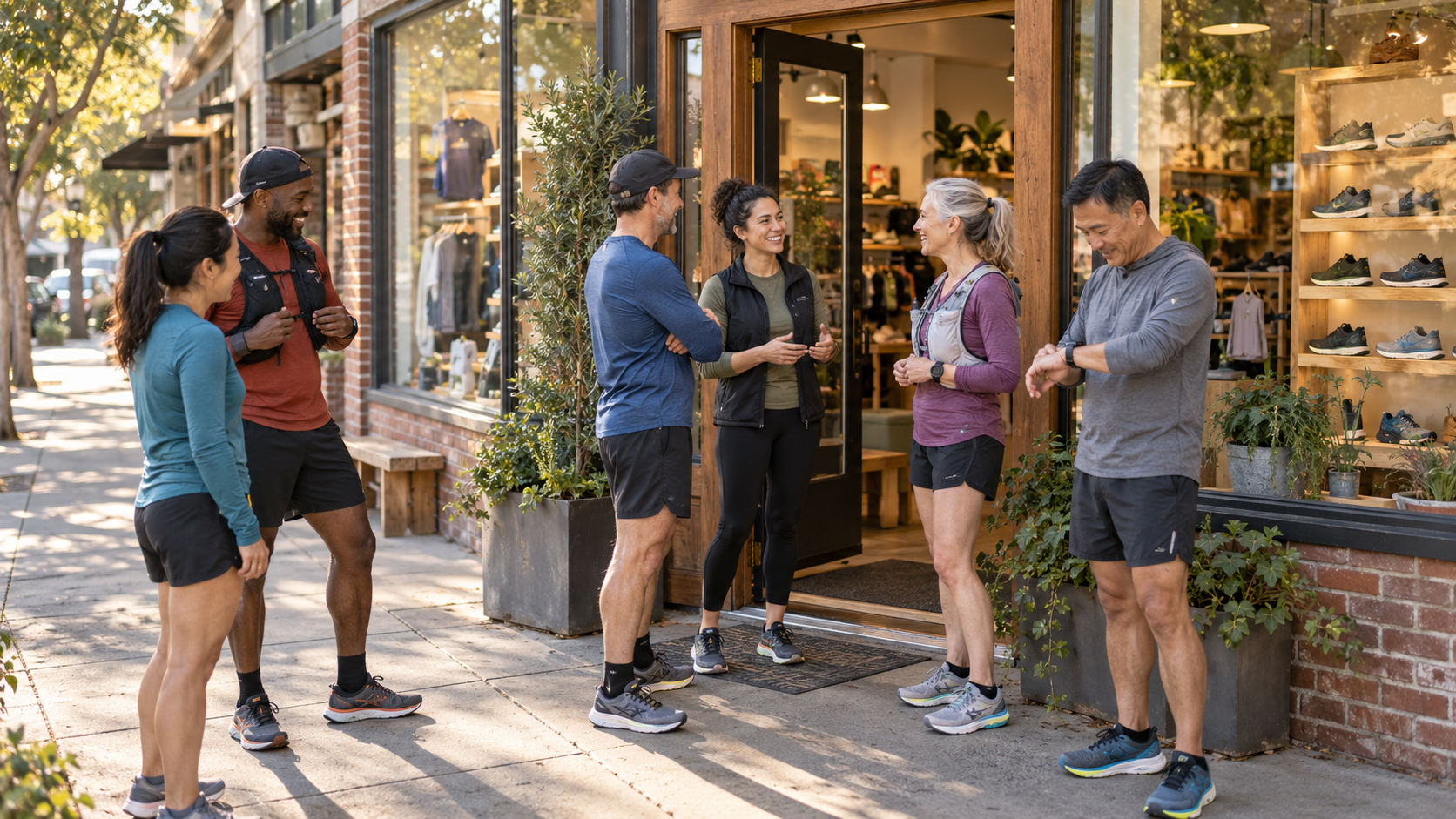 A group of runners chatting outside a neighborhood running shop, with shoes displayed in the storefront window.