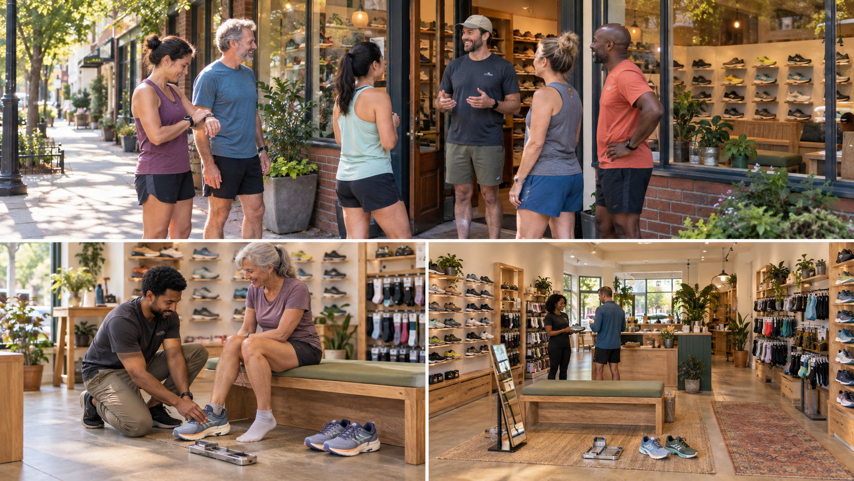 Collage showing the running shop’s community, a customer receiving a shoe fitting, and a bright interior with fitting benches and shoe displays.